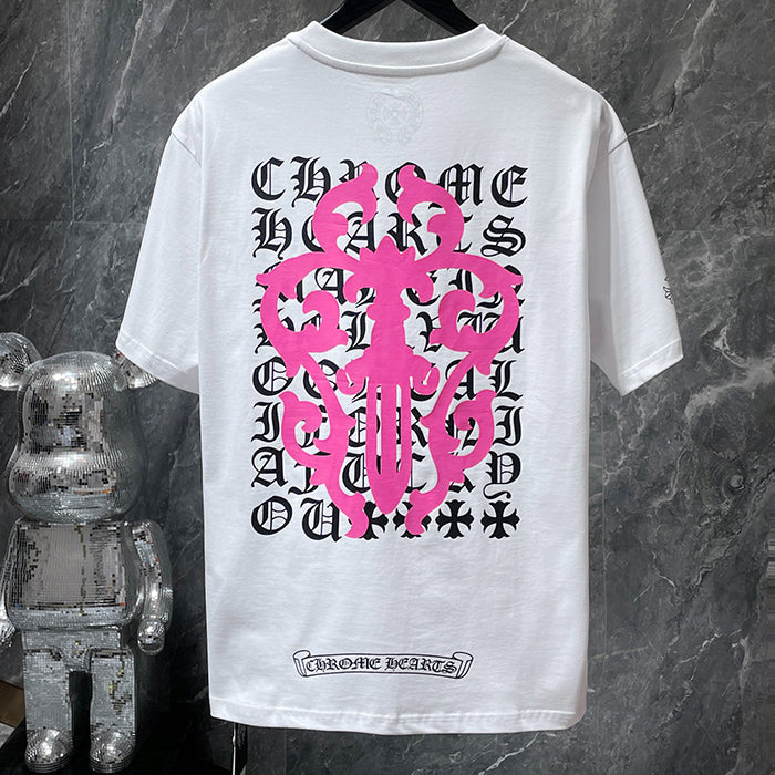 Chrome Hearts Pink Fleur Cross Gothic Repeat Text Tee – White / Black