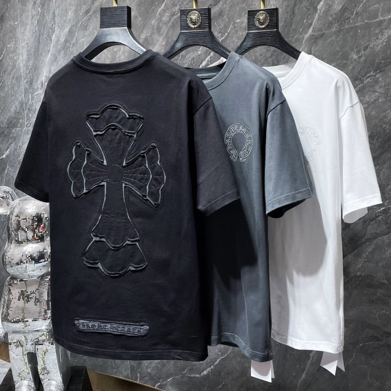 Chrome Hearts Oversized Tonal Fleur Cross Appliqué Tee – Black / White / Grey