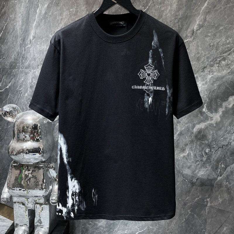 Chrome Hearts Paint Splash Heart Fleur Cross Graphic Tee – Black / White