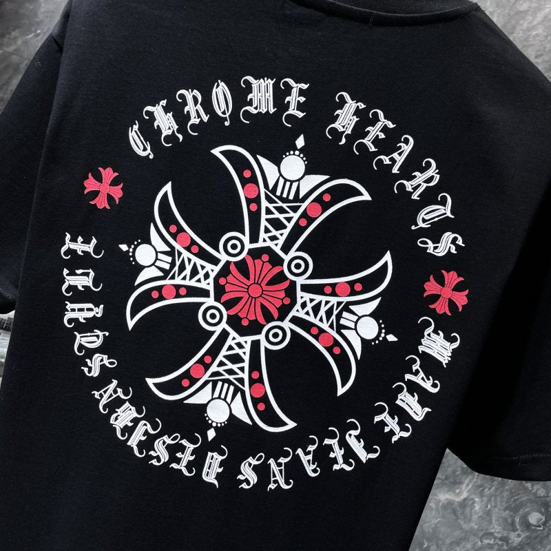 Chrome Hearts Red Rose Cross Medallion Gothic Circle Tee – Black / White