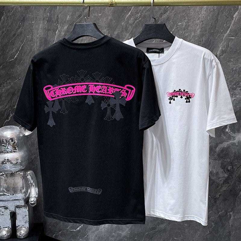 Chrome Hearts Neon Pink Banner Fleur Cross Graphic Tee – Black
