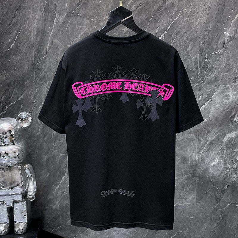 Chrome Hearts Neon Pink Banner Fleur Cross Graphic Tee – Black