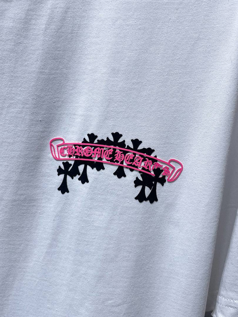 Chrome Hearts Neon Pink Banner Fleur Cross Graphic Tee – White