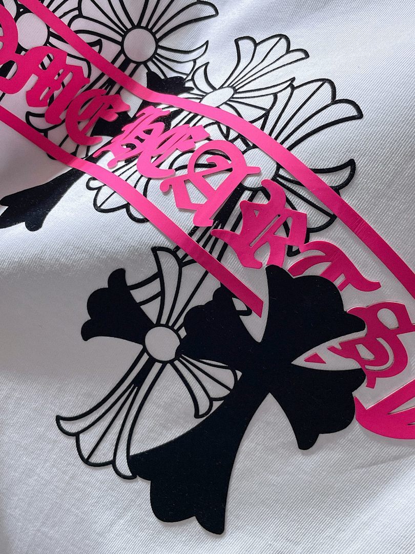 Chrome Hearts Neon Pink Banner Fleur Cross Graphic Tee – White