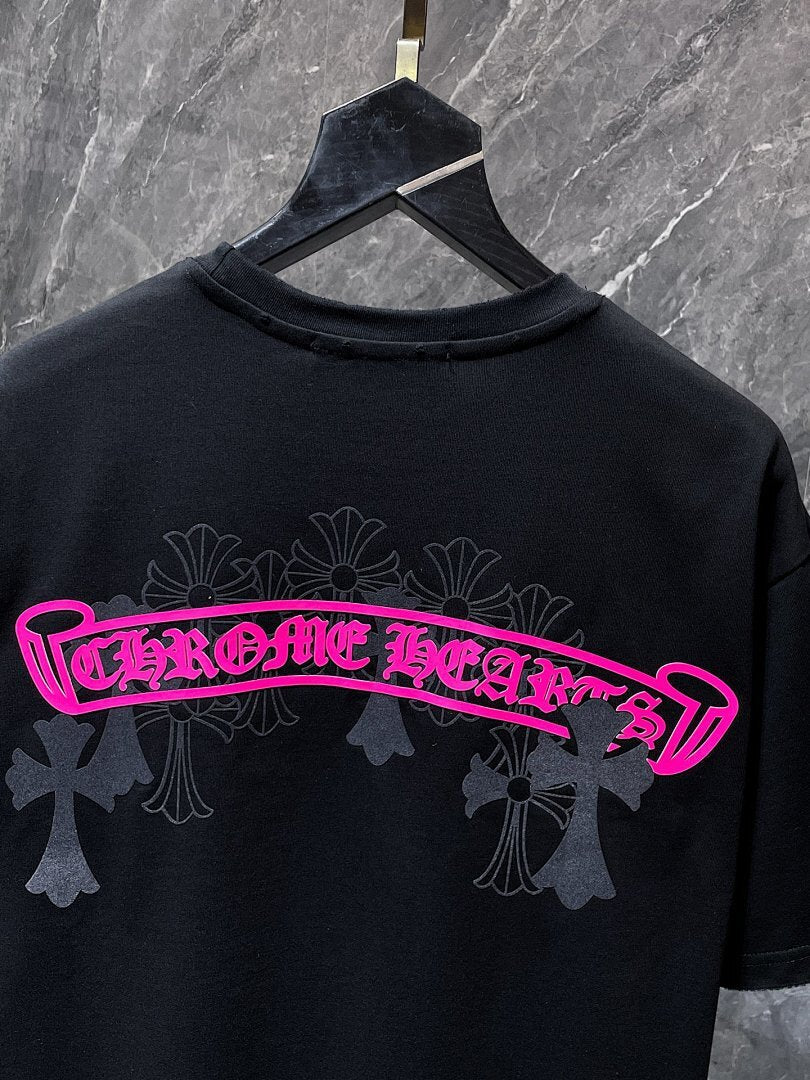 Chrome Hearts Neon Pink Banner Fleur Cross Graphic Tee – Black