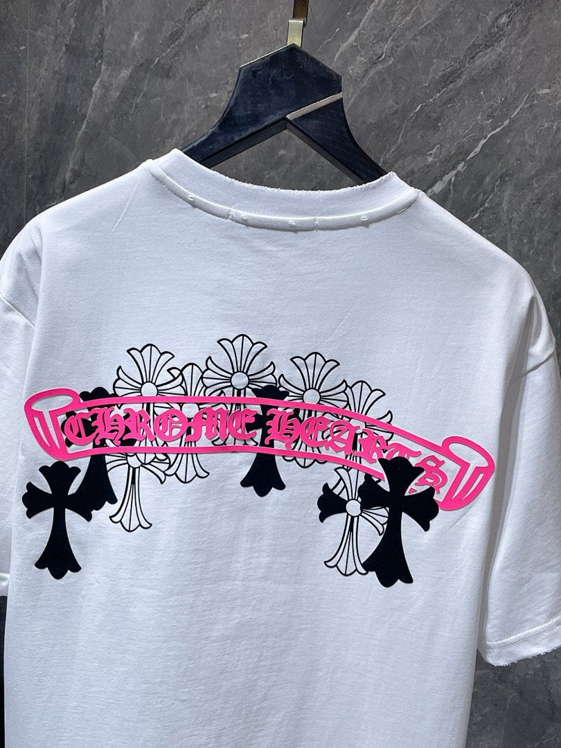 Chrome Hearts Neon Pink Banner Fleur Cross Graphic Tee – White