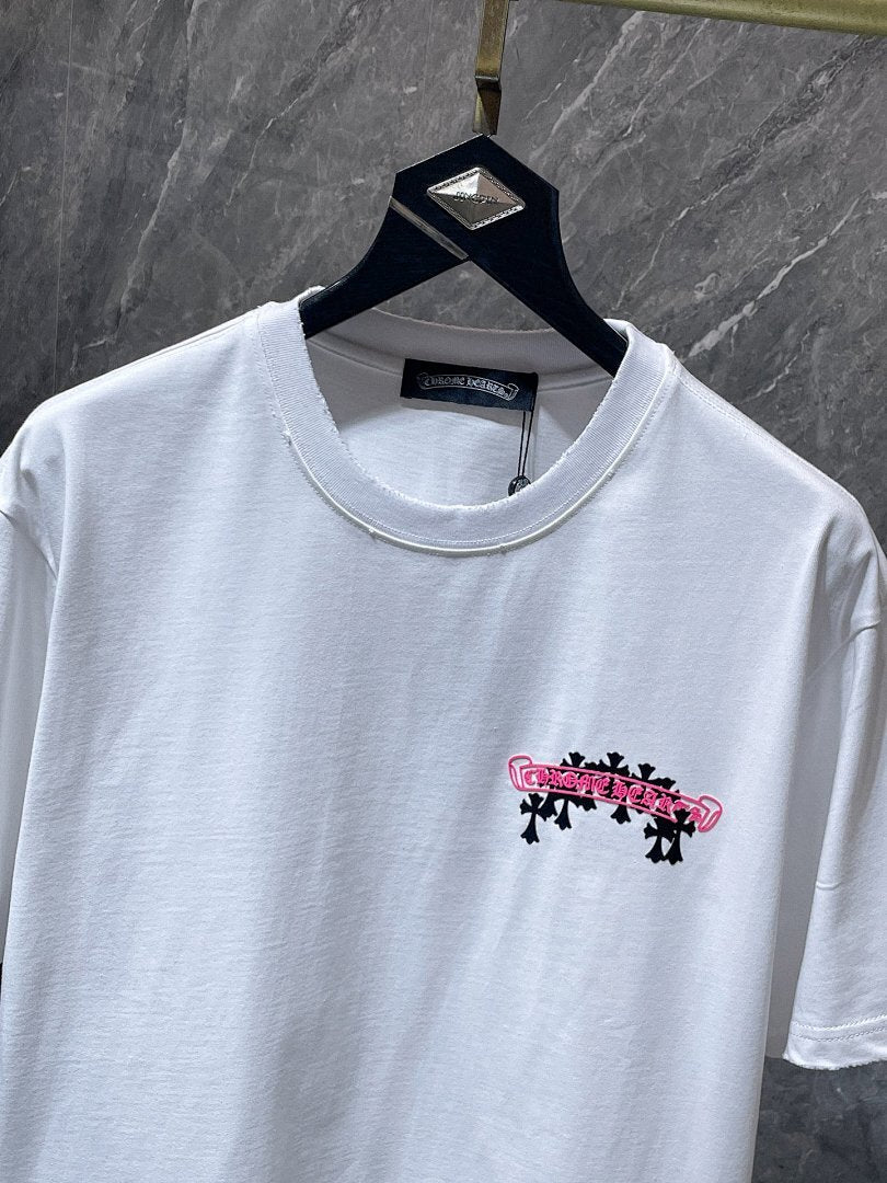 Chrome Hearts Neon Pink Banner Fleur Cross Graphic Tee – White