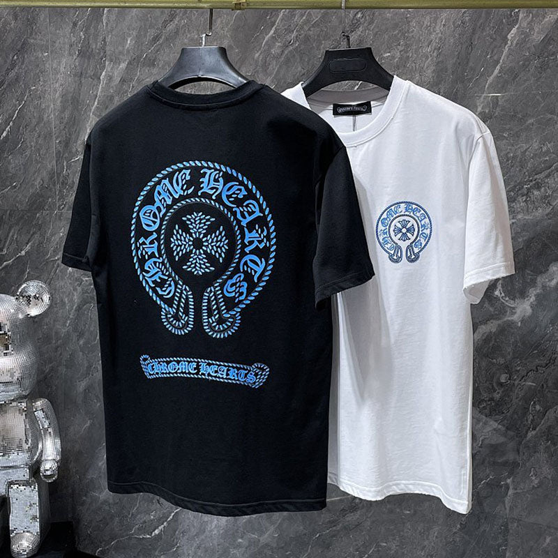 Chrome Hearts Sky Blue Braided Rope Horseshoe Cross Tee – White
