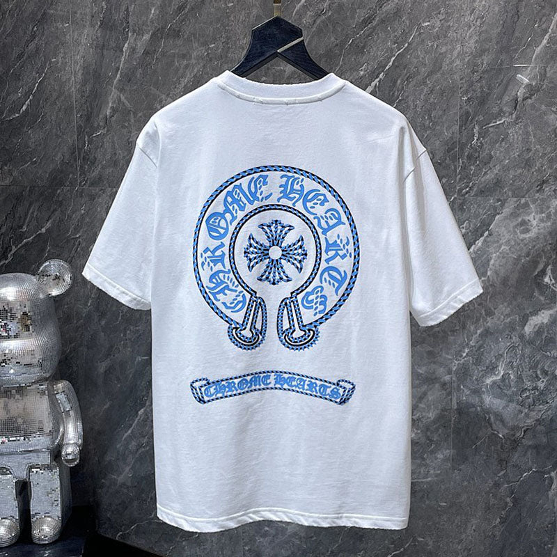 Chrome Hearts Sky Blue Braided Rope Horseshoe Cross Tee – White