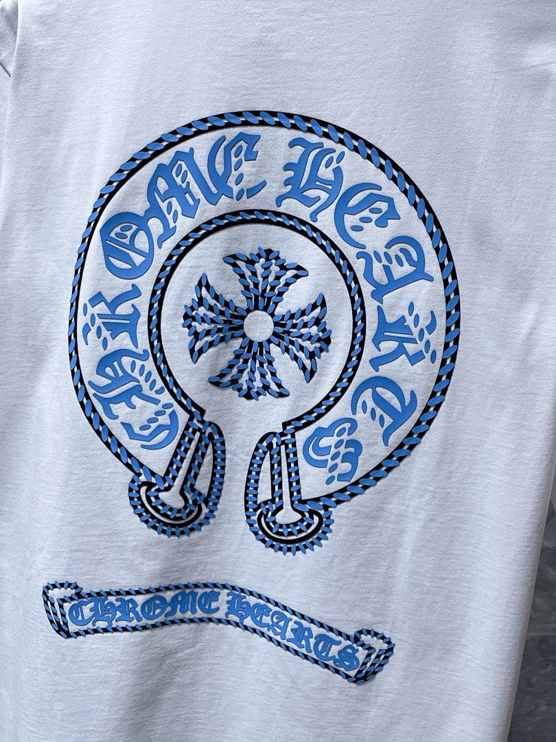 Chrome Hearts Sky Blue Braided Rope Horseshoe Cross Tee – White